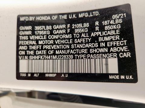 2021 HONDA CIVIC SPOR - SHHFK7H41MU228339