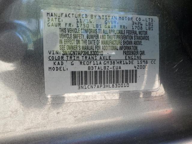 2017 NISSAN VERSA S 3N1CN7AP3HL830010