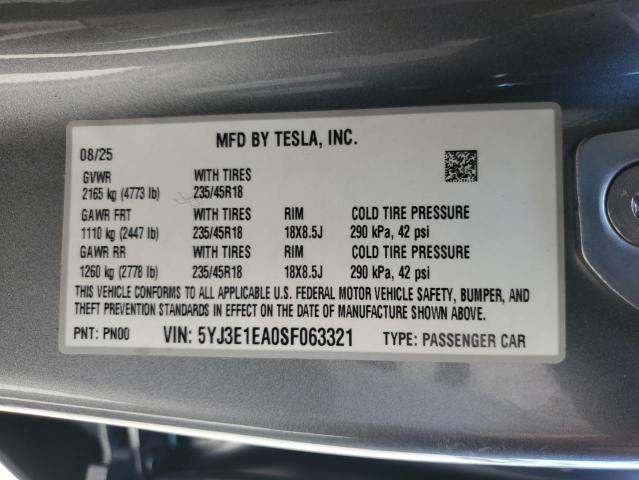 2025 TESLA MODEL 3 5YJ3E1EA0SF063321