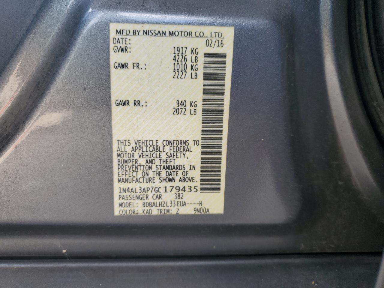 Lot #3309582577 2016 NISSAN ALTIMA 2.5