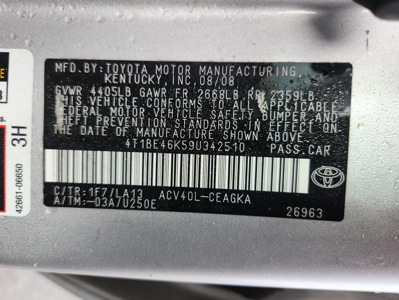 Lot #3245346891 2009 TOYOTA CAMRY BASE