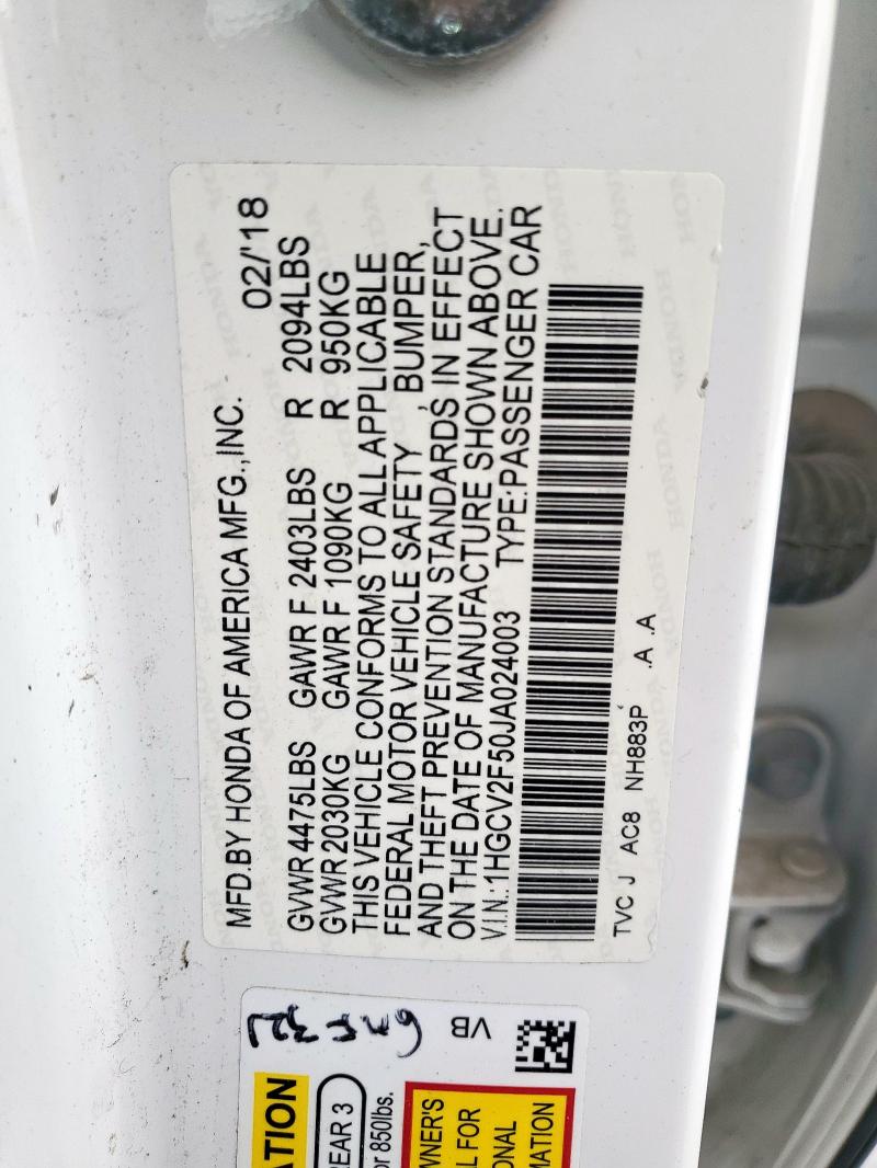 2018 HONDA ACCORD EXL 1HGCV2F50JA024003