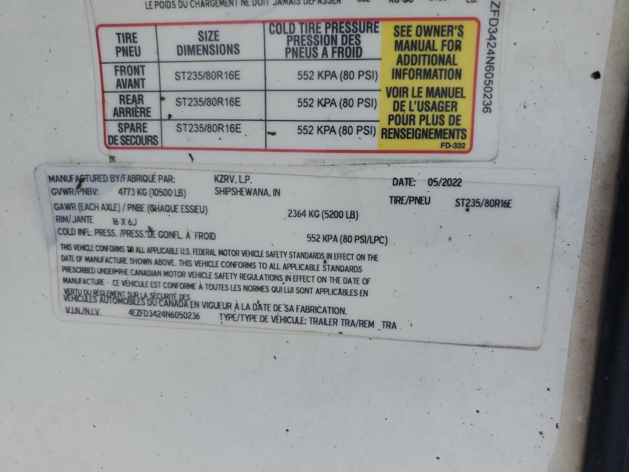 Lot #3265251993 2022 KZ INC DURANGO-HALF TON 290