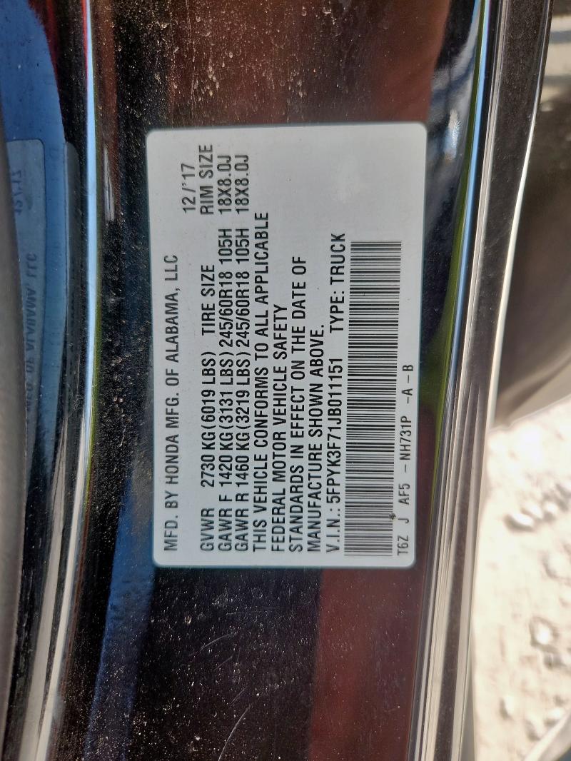 2018 HONDA RIDGELINE 5FPYK3F71JB011151