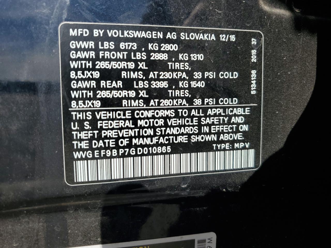 Lot #3310359032 2016 VOLKSWAGEN TOUAREG SP