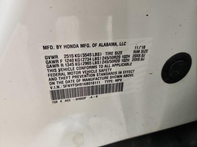 2019 HONDA PILOT TOURING 5FNYF5H91KB018111