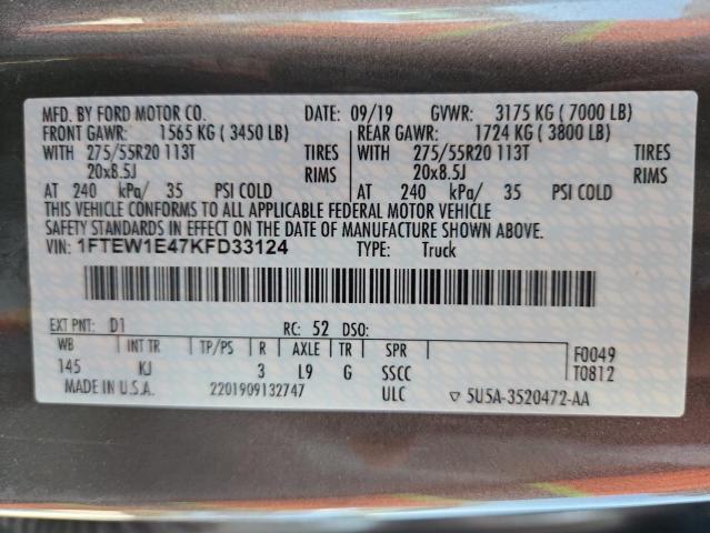 2019 FORD F150 SUPER - 1FTEW1E47KFD33124