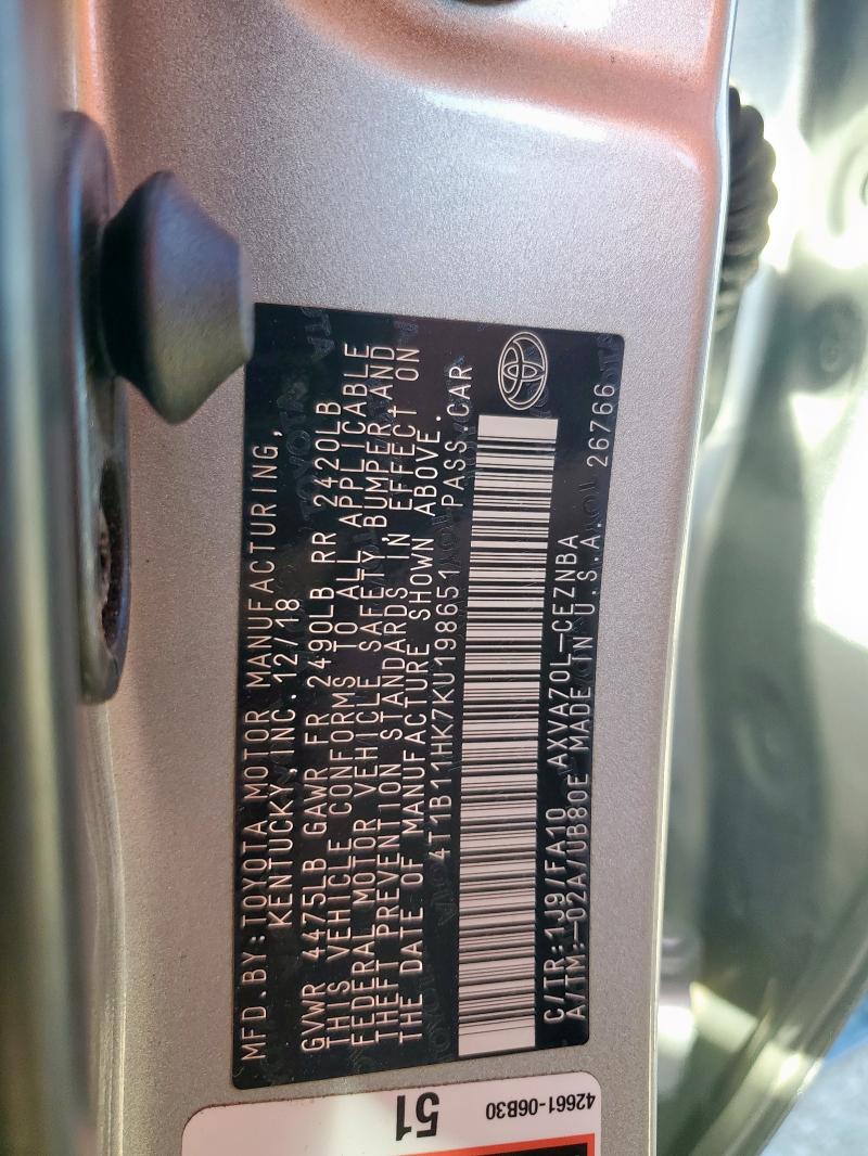 2019 TOYOTA CAMRY L - 4T1B11HK7KU198651