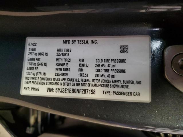 2022 TESLA MODEL 3 5YJ3E1EB0NF287198