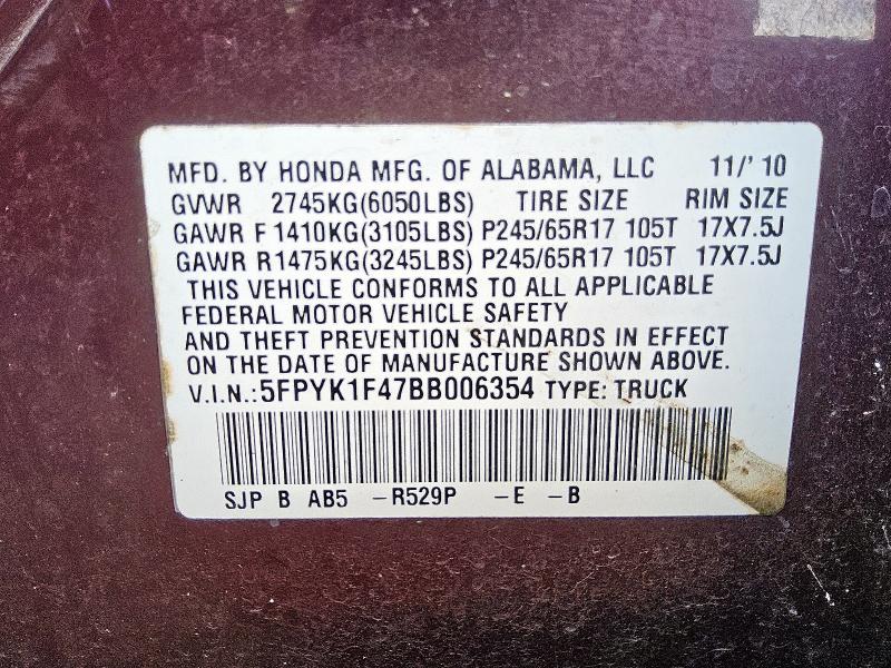 2011 HONDA RIDGELINE - 5FPYK1F47BB006354