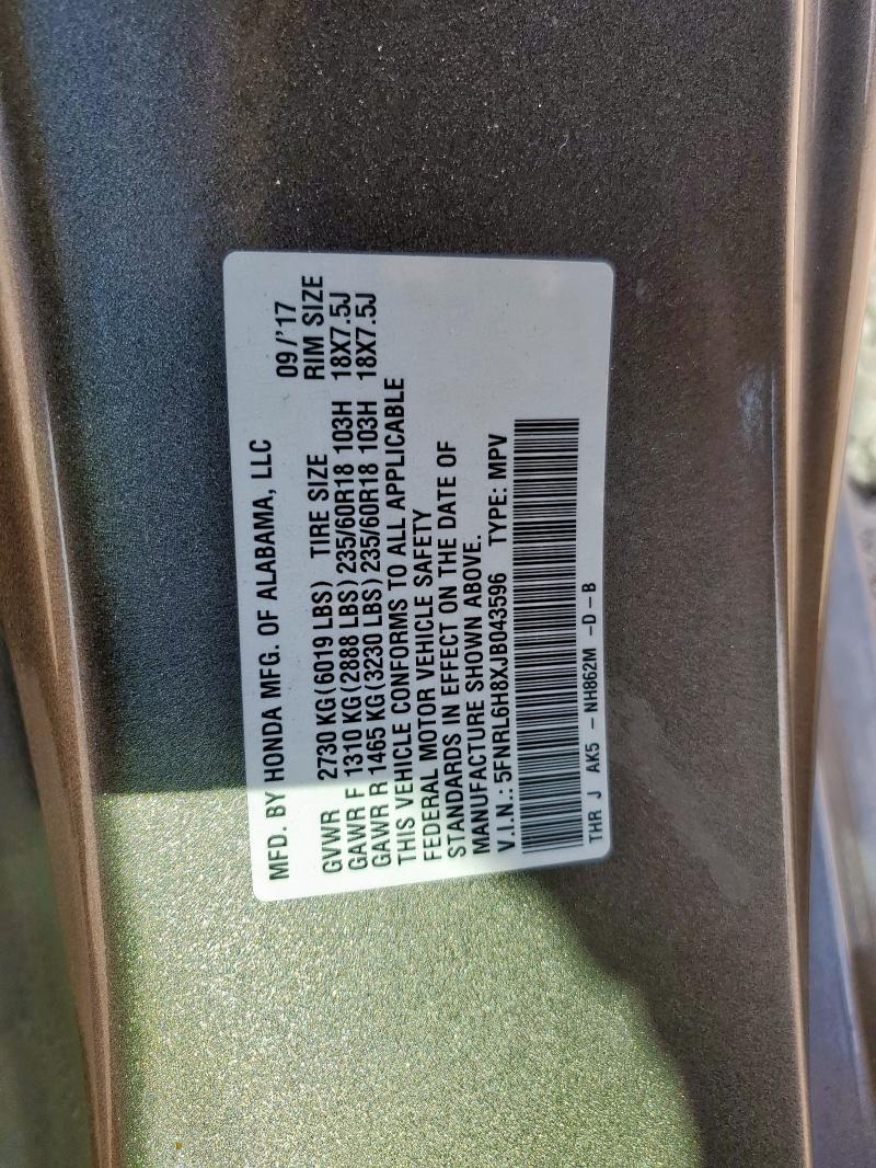 2018 HONDA ODYSSEY TO 5FNRL6H8XJB043596