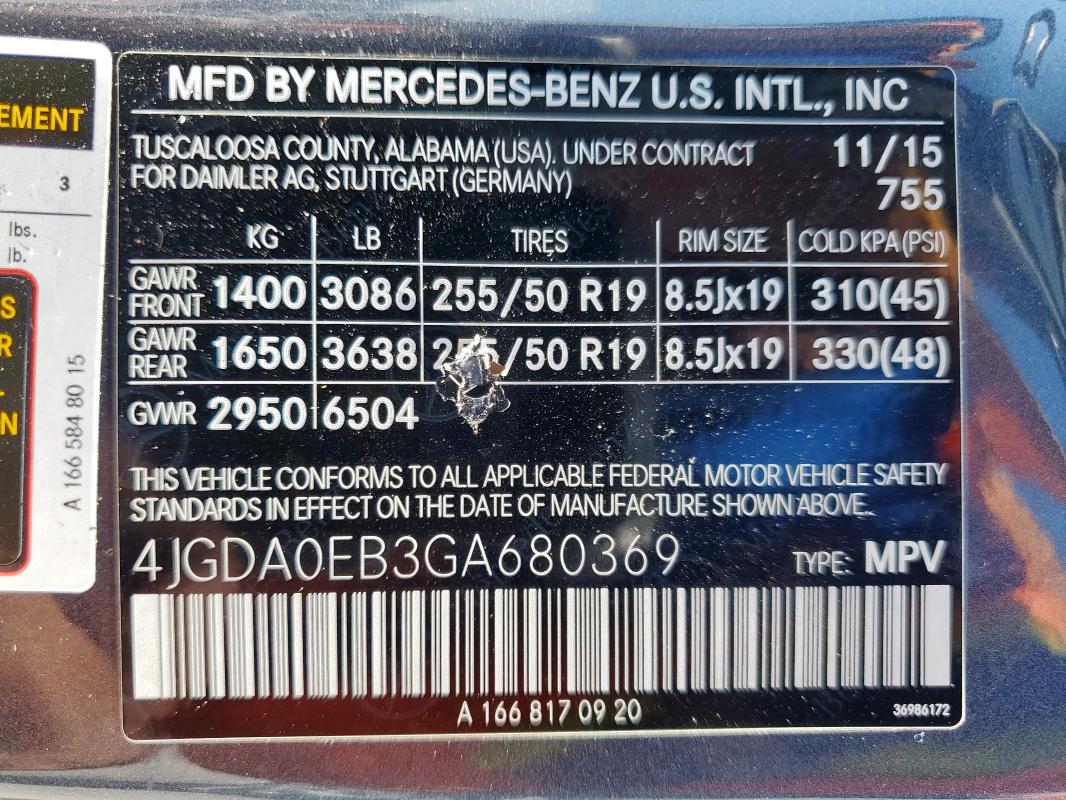2016 MERCEDES-BENZ GLE 300D 4 4JGDA0EB3GA680369