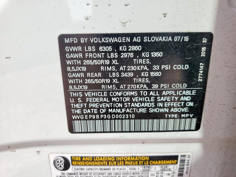 2016 VOLKSWAGEN TOUAREG TD WVGEP9BP3GD002310
