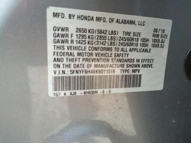 2019 HONDA PILOT EXL 5FNYF6H46KB011519