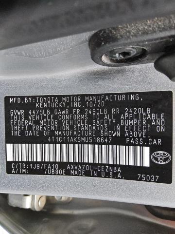 2021 TOYOTA CAMRY LE 4T1C11AK5MU518647