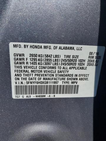 2016 HONDA PILOT ELITE 5FNYF6H0XGB111997