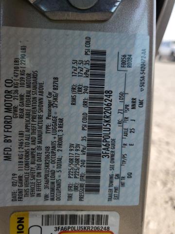 2019 FORD FUSION SE 3FA6P0LU5KR206248