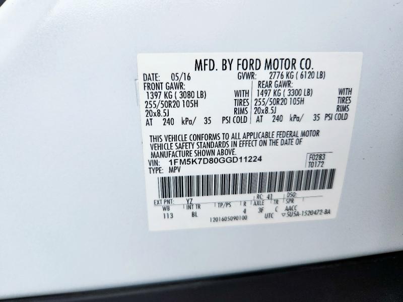 2016 FORD EXPLORER X 1FM5K7D80GGD11224