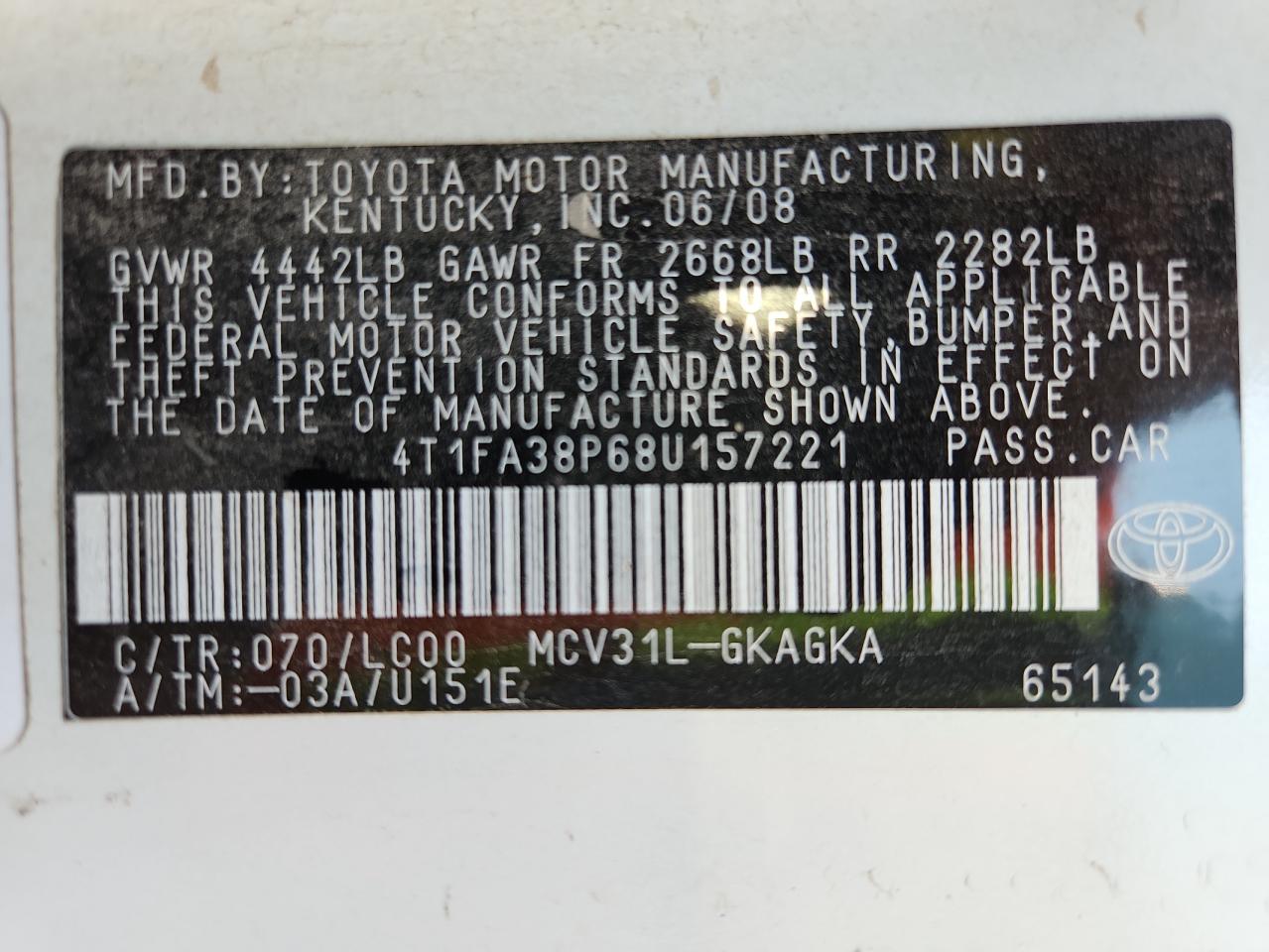 Lot #3274756782 2008 TOYOTA CAMRY SOLA