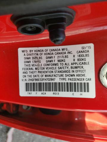 2015 HONDA CIVIC SI 2HGFB6E53FH702847