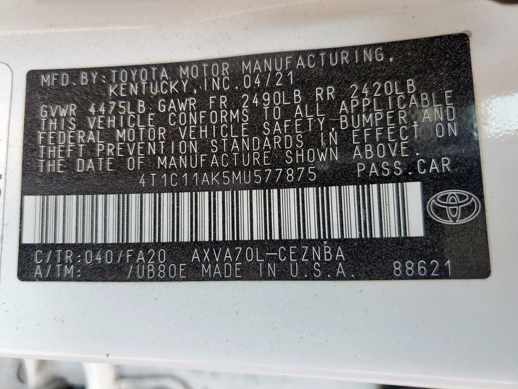 2021 TOYOTA CAMRY LE 4T1C11AK5MU577875
