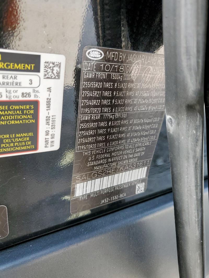 2019 LAND ROVER RANGE ROVE SALGS2RE7KA531611