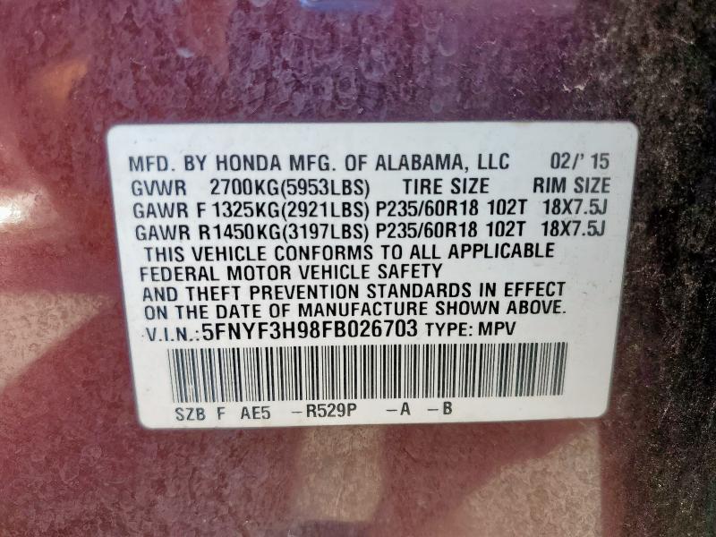 2015 HONDA PILOT TOUR 5FNYF3H98FB026703