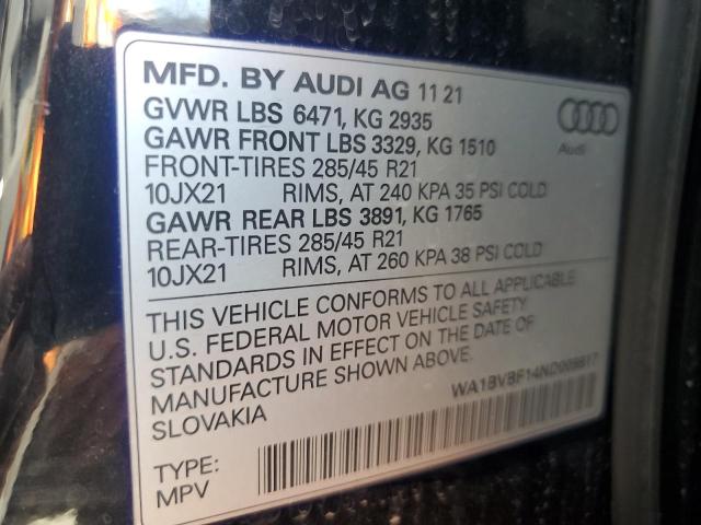 2022 AUDI Q8 PREMIUM - WA1BVBF14ND009817