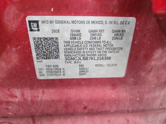 2019 CHEVROLET TRAX 1LT 3GNCJLSB7KL216399