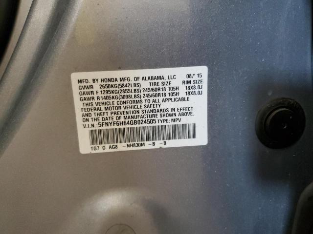2016 HONDA PILOT EXL 5FNYF6H64GB024505