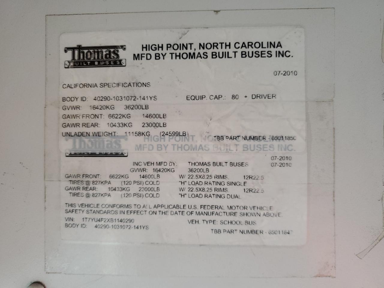 Lot #3264997915 2011 THOMAS SCHOOL BUS