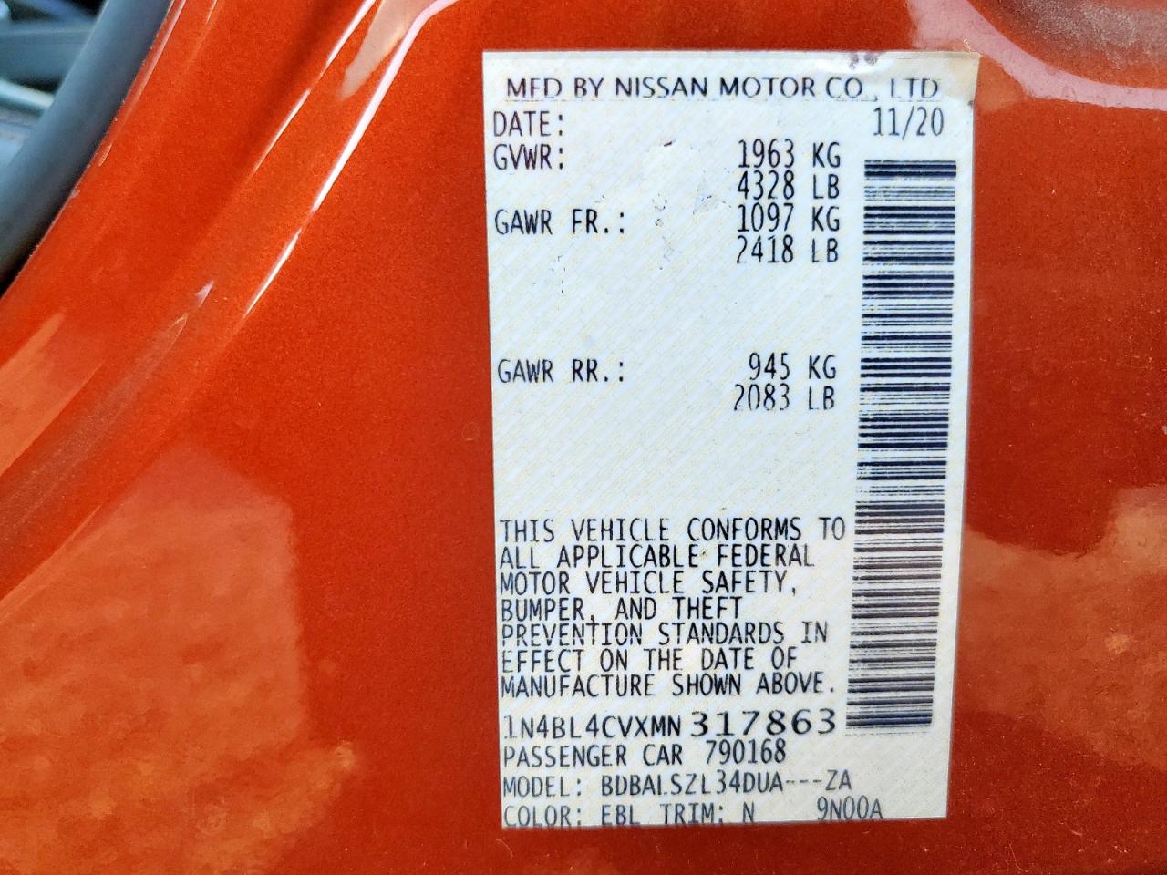 Lot #3312393132 2021 NISSAN ALTIMA SR