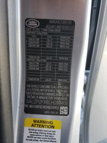 2020 LAND ROVER RANGE ROVE SALZP2FX6LH080406