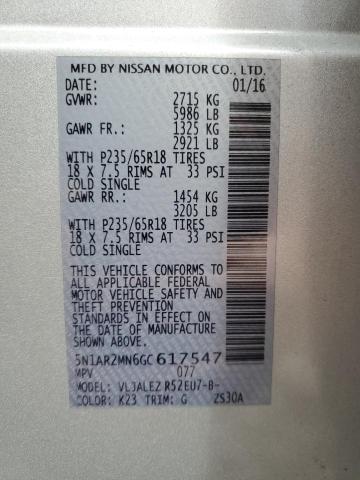 2016 NISSAN PATHFINDER 5N1AR2MN6GC617547