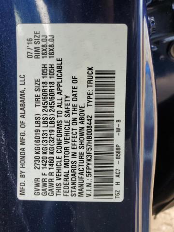 2017 HONDA RIDGELINE 5FPYK3F57HB008442