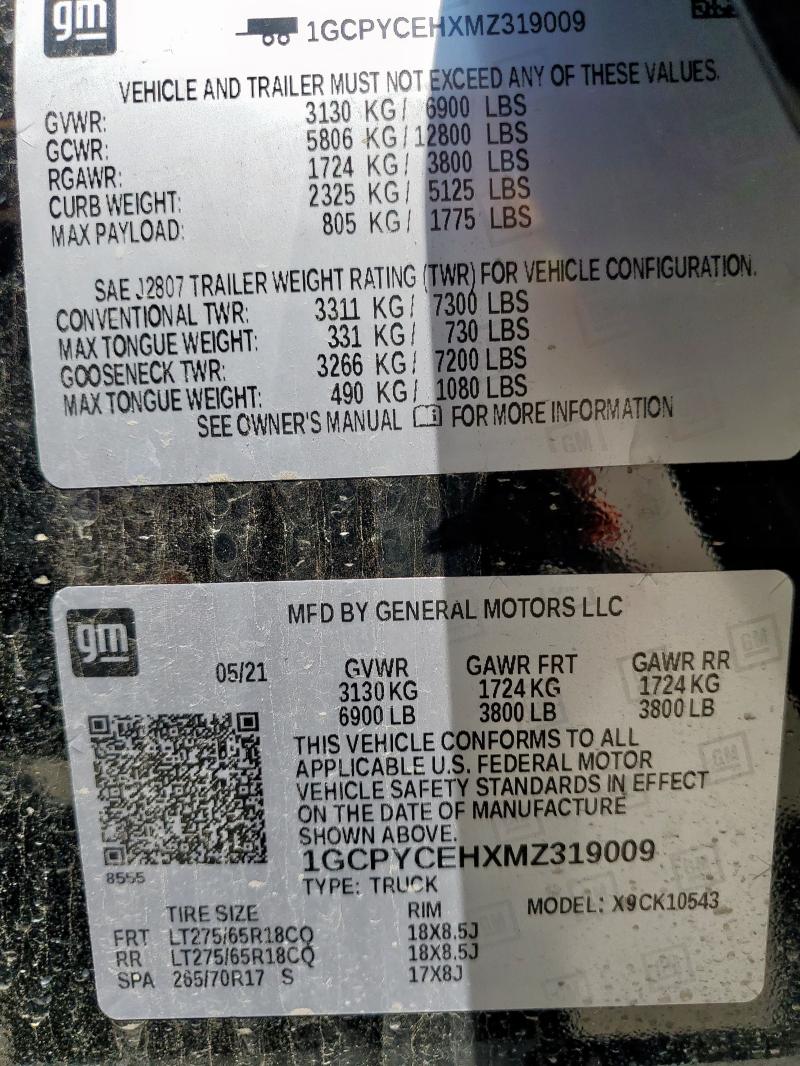 2021 CHEVROLET SILVERADO 1GCPYCEHXMZ319009