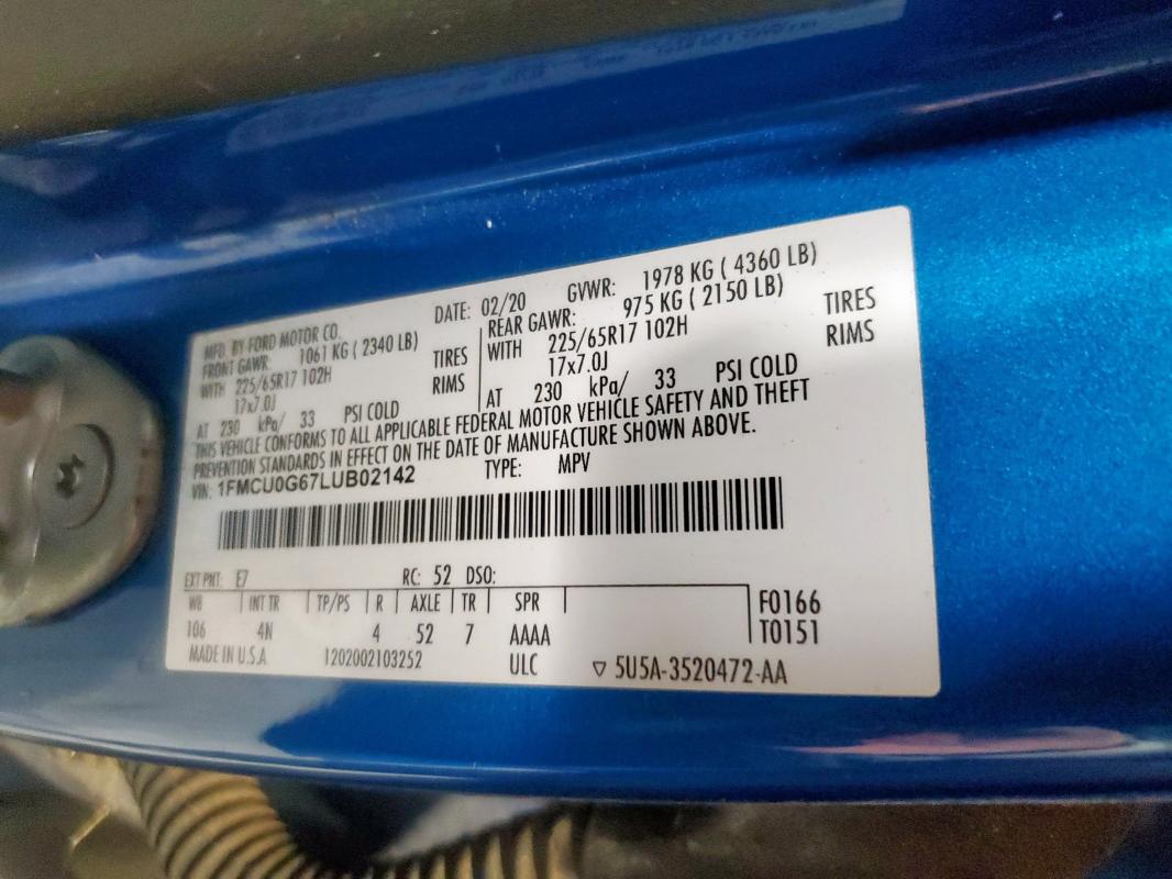 2020 FORD ESCAPE SE 1FMCU0G67LUB02142