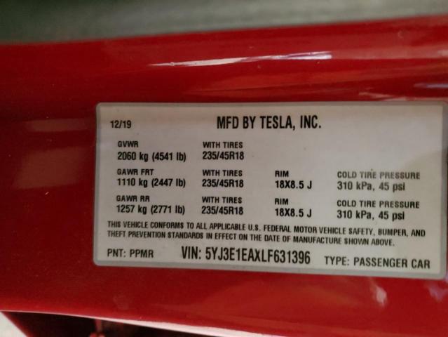 2020 TESLA MODEL 3 5YJ3E1EAXLF631396