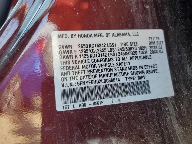 2020 HONDA PILOT ELITE 5FNYF6H02LB038814