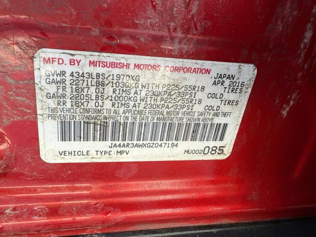 2016 MITSUBISHI OUTLANDER JA4AR3AWXGZ047194