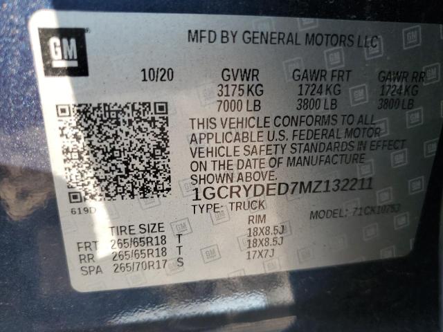 2021 CHEVROLET SILVERADO 1GCRYDED7MZ132211