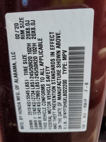 2020 HONDA PILOT TOUR 5FNYF5H6XLB022200