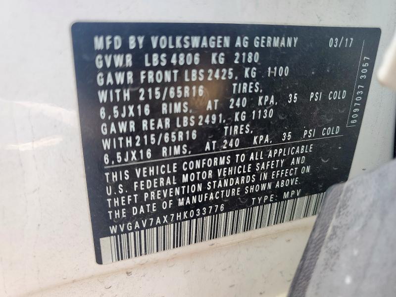 2017 VOLKSWAGEN TIGUAN S WVGAV7AX7HK033776