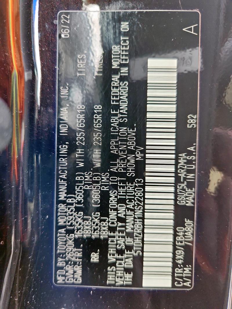 2022 TOYOTA HIGHLA XLE 5TDHZRBH1NS228013