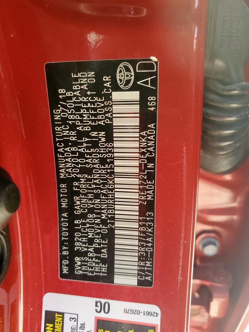 2019 TOYOTA COROLLA L 2T1BURHE6KC151936