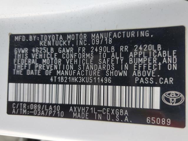 2019 TOYOTA CAMRY HYBR 4T1B21HK3KU511496
