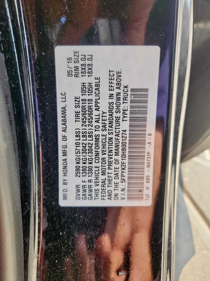 2017 HONDA RIDGELINE 5FPYK2F10HB001274