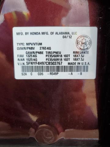 2012 HONDA PILOT TOUR - 5FNYF4H97CB503767