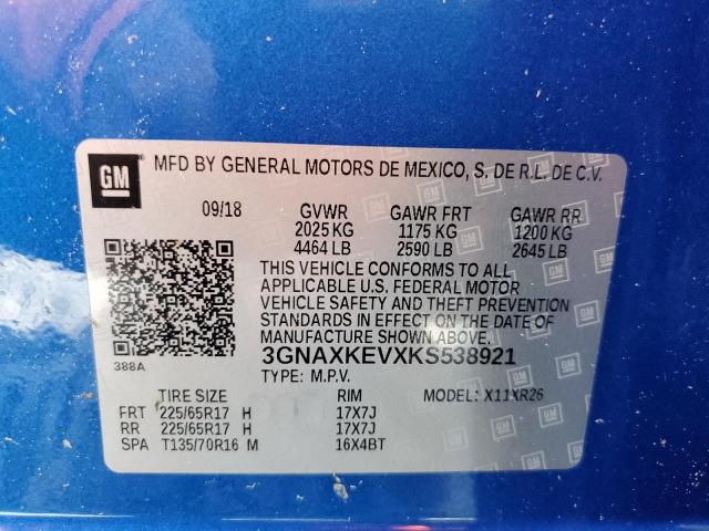 2019 CHEVROLET EQUINOX LT 3GNAXKEVXKS538921