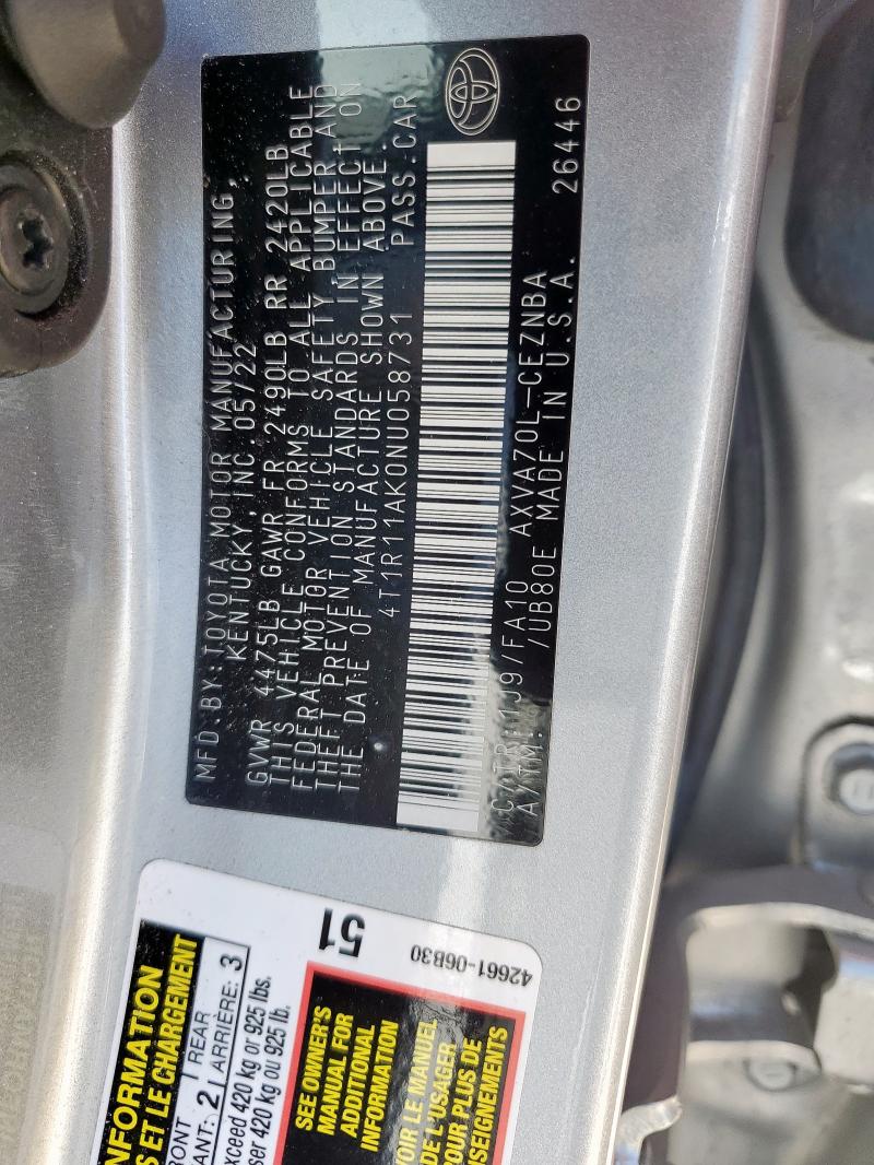 2022 TOYOTA CAMRY LE 4T1R11AK0NU058731